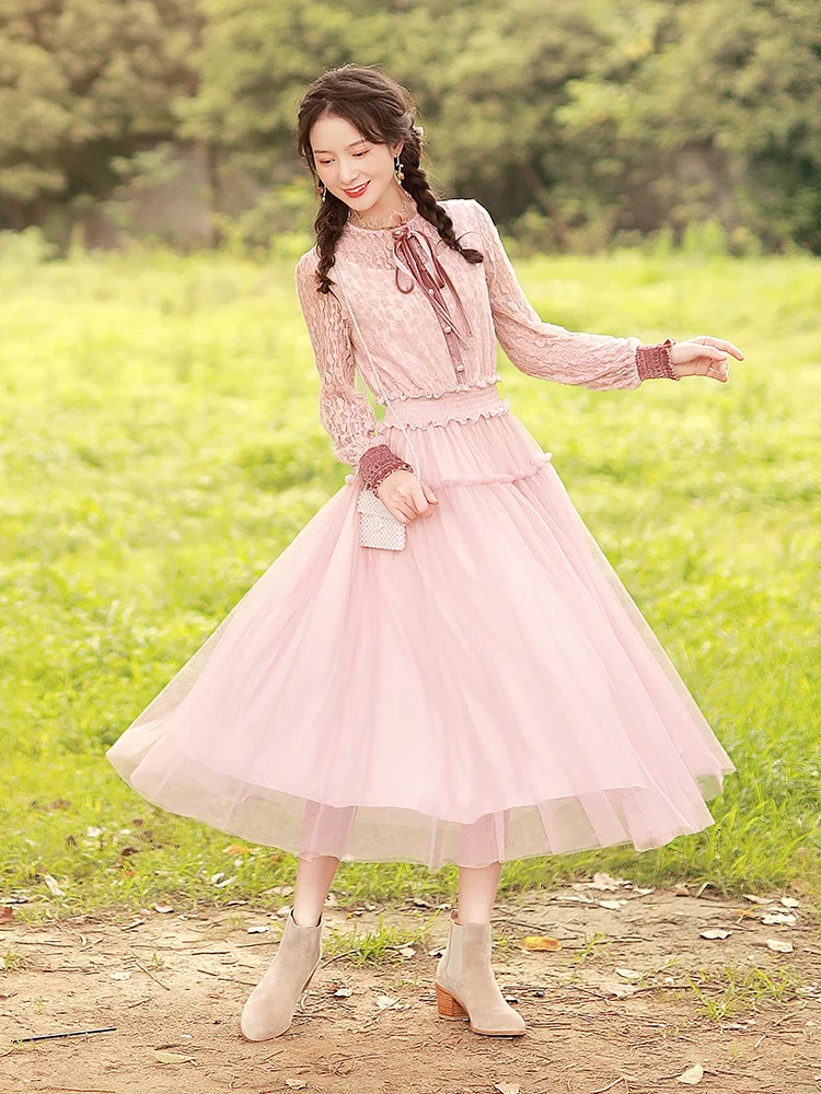 

TIYIHAILEY Free Shipping 2020 New Boshow Women Long Mid-calf Long Lantern Sleeve Spring S-L Lace Mesh Ruffles Pink Dresses