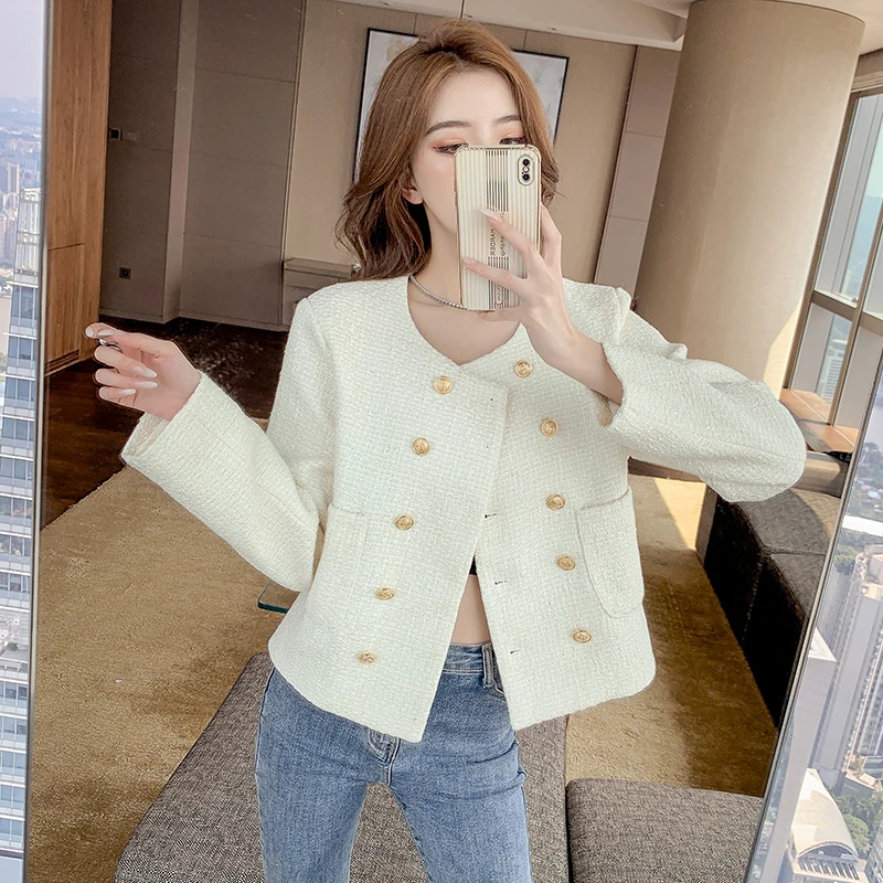 

Женская твидовая куртка, однотонная короткая двубортная куртка с круглым вырезом и золотыми пуговицами, новинка 2021