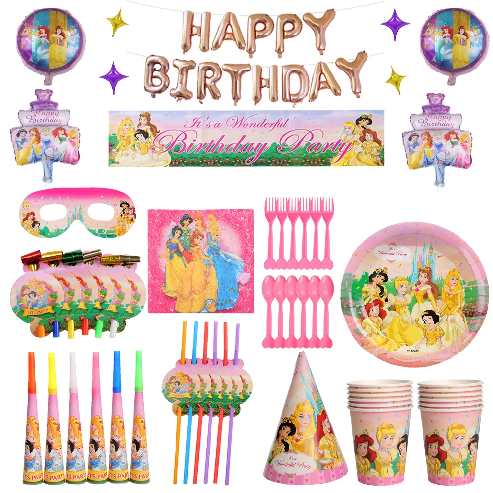 

Disney Princess Birthday Decorations Party Supplies Disposable Paper Cup Plate Napkin Banner Baby Shower Girl Favors Toy