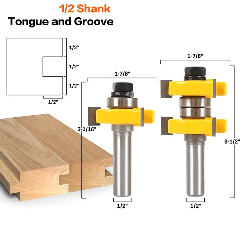 

2PC/Set 1/2" 12.7MM Shank Milling Cutter Wood Carving 1-1/2" 2 Bit Tongue and Groove Router Bit Set Joint Assembly Router Bit