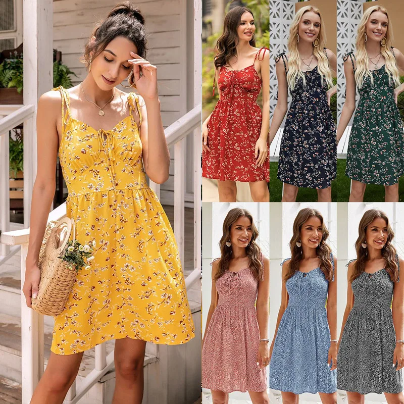

Leosoxs 2021 Summer New Fashion Sexy V Neck Hollow Out Spaghetti Straps Women's Mini Dress Casual Empire Floral Print Lady Dress