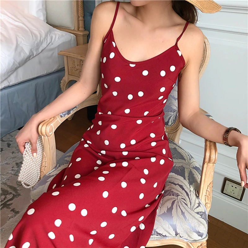 2021 весенне-летнее женское платье в горошек на бретельках атласное элегантное с