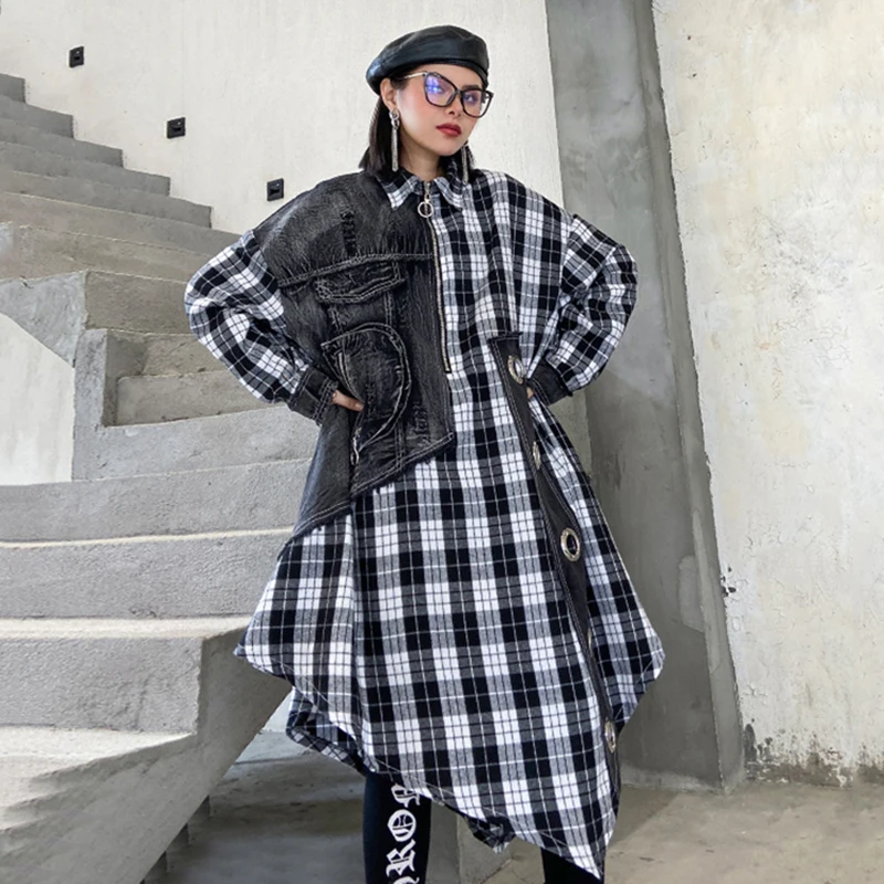 

[EAM] Women Black Denim Irregular Big Size Dress New Lapel Long Sleeve Loose Fit Fashion Tide Spring Autumn 2021 1Y707