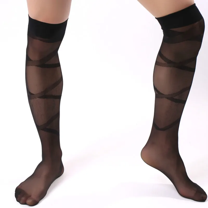 Мужские длинные чулки с перекрестными ремешками прозрачные тонкие мужские носки