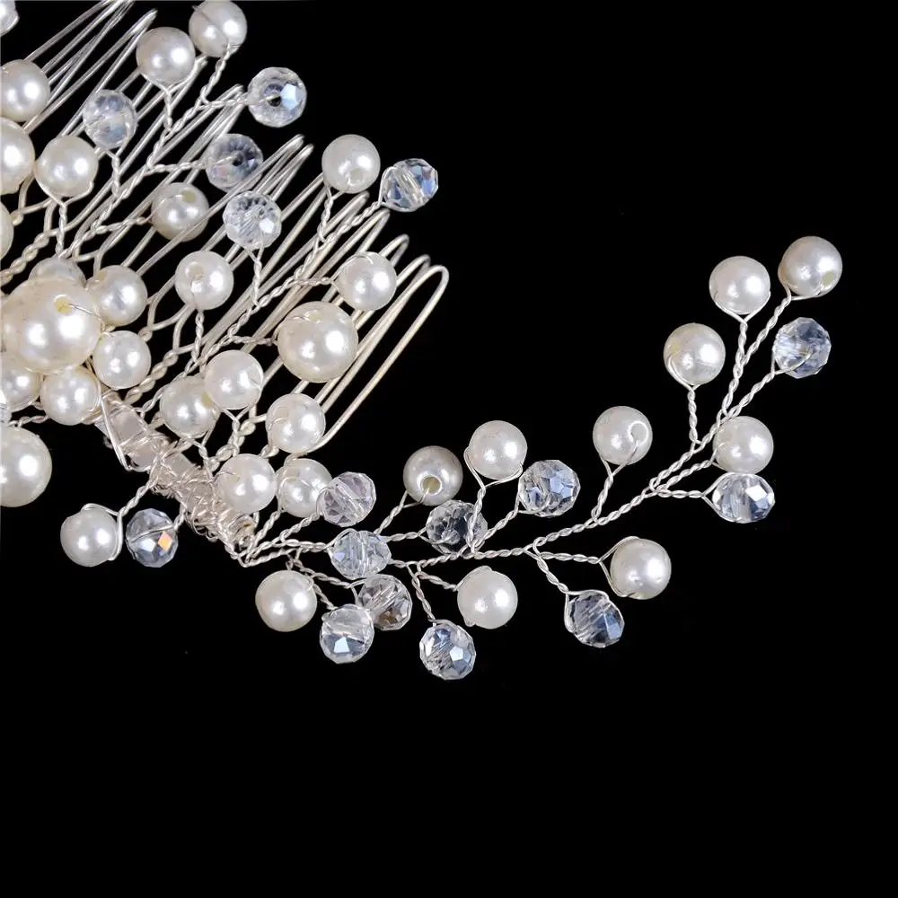 

New Wedding Bride Tiaras Crown Headband Hair Comb Clips Hair Accessories Jewelry For Women Pearl Flower Hairband
