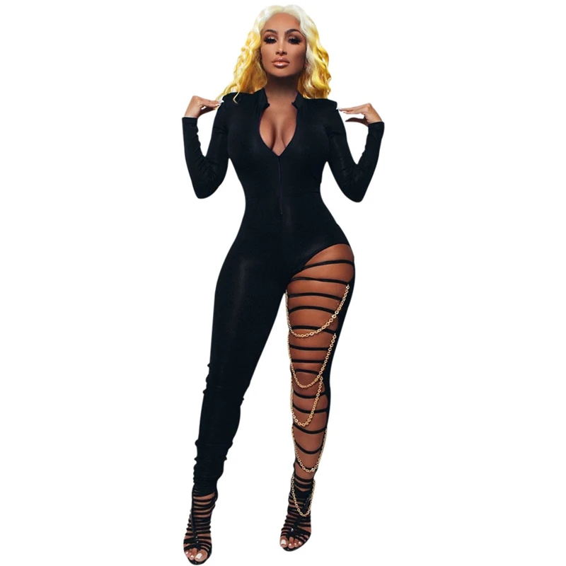 

2021 New Long Sleeve Skinny Bodysuits Lady Party Rompers Sexy See Through Women Night Club Wear Hollow Out One Piece Jumpsuit