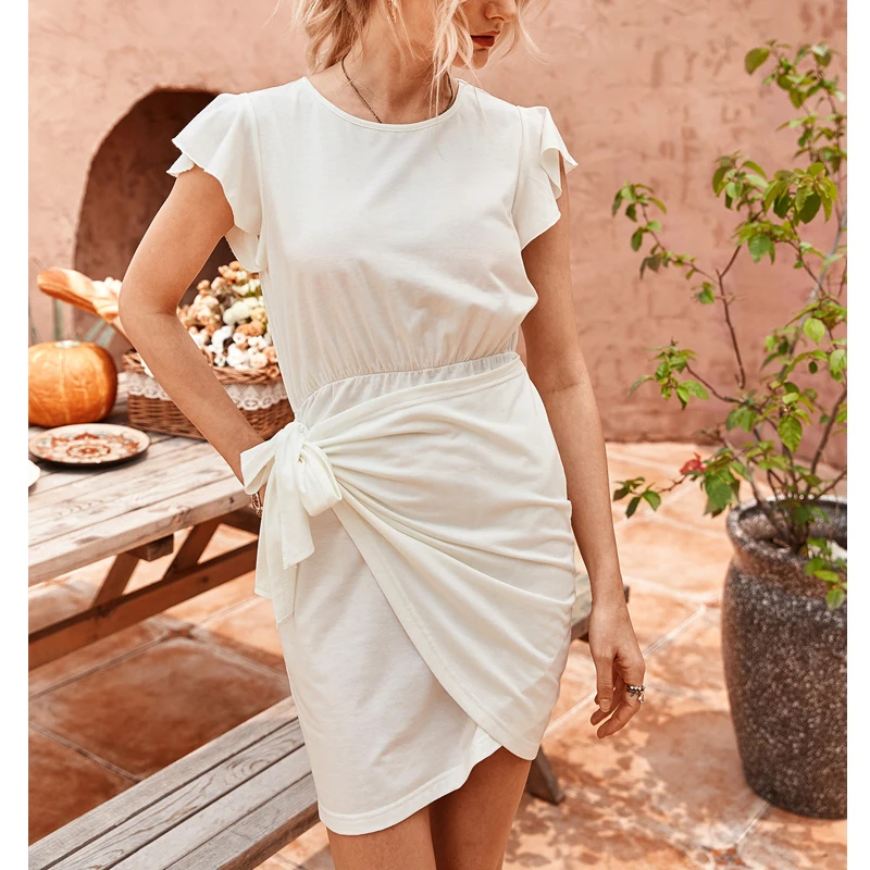 Элегантное женское платье с лепестками белое Повседневное круглым вырезом