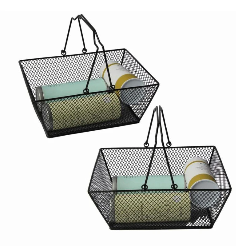 

Black Cosmetics Storage Baskets Durable Hollowed Out Design Baskets with Handle Iron Wire Mesh Shopping Basket