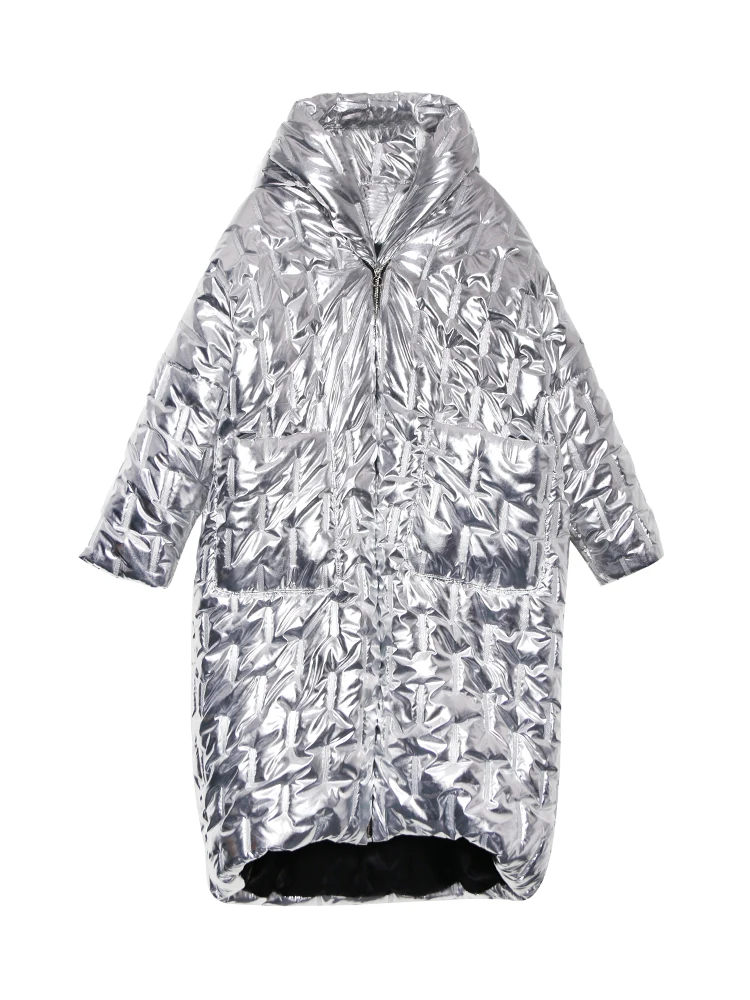 Зимний уличный стиль серебро фабричные блестящие плотное теплое пальто из