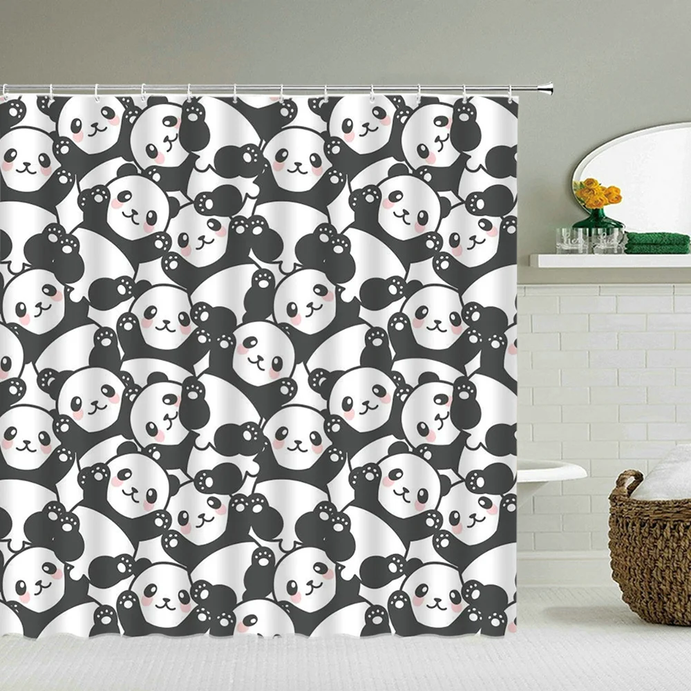 

Chinese Animal Shower Curtain Cute Panda Bamboo Leaf Children Bathroom Decor Waterproof Cloth Curtains With Hooks Bath Screen