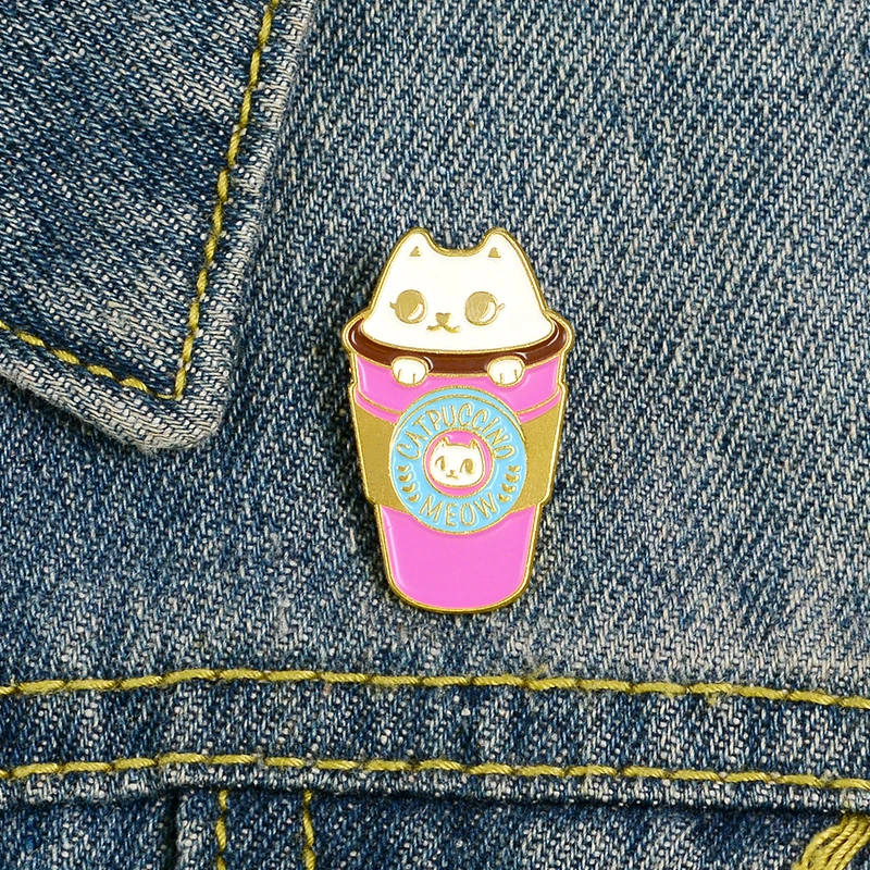 

Meow Cup Cat Pins Pink Princess Coffee Enamel Metal Pins Cartoon Girl Brooches Badges Lapel Clothes Pins Women Jewelry Gifts