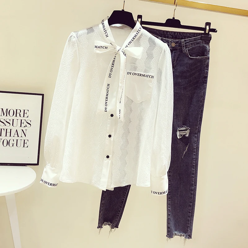 

2021 Trend France Type White Lace Blouse Lace Up Letters Print Cuff Office Lady Casual Tops Spring T Shirt Women Long Sleeve