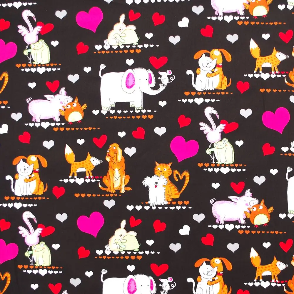 1 ярд ткани с животными собака слон кошка свинья сова и сердце печатная