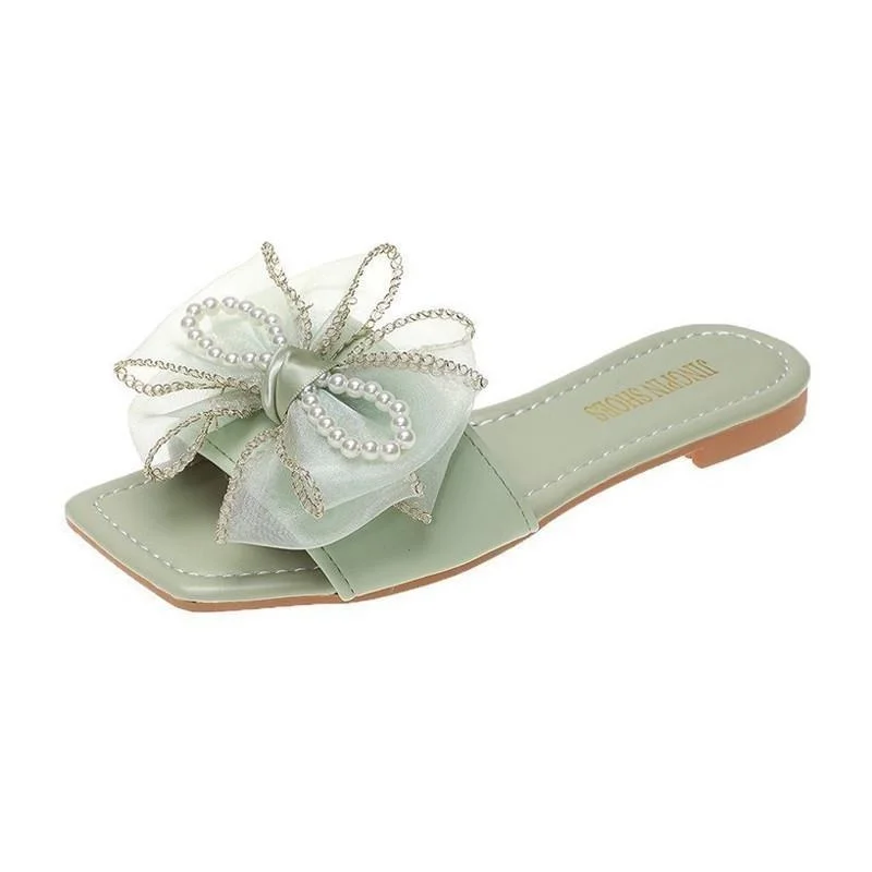 

2021 Summer New Fashion Women's Slippers Bow Beaded Sweet Soft Flat Sandles Shallow All-match No-slip Ladies Beach Slippers