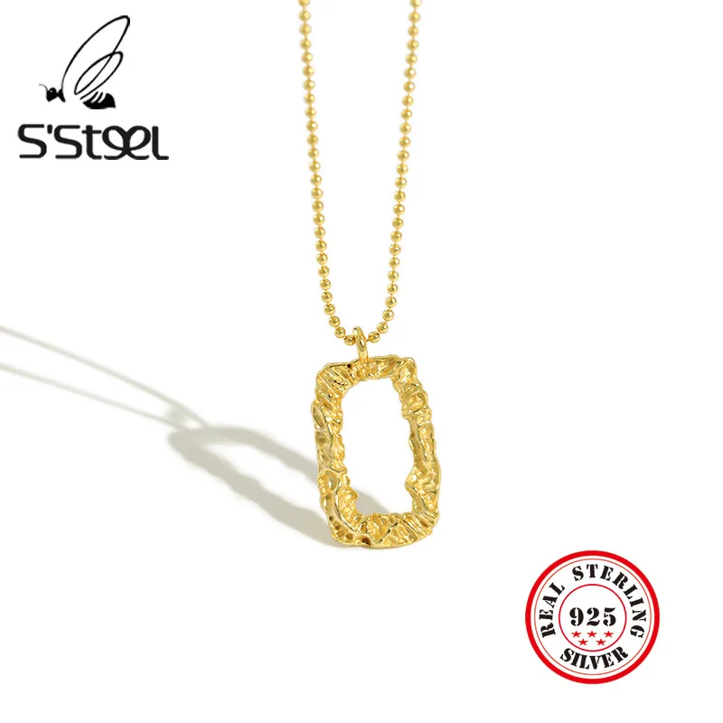 

S'STEEL Square Hollow Pendant Necklace 925 Sterling Silver Necklaces For Women Gold Chain Minimalist Collier Long Fine Jewellery