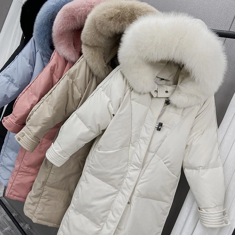 

Корейский 100% натуральный мех 90% утиный пух, зимняя куртка-пуховик, Длинная женская куртка-бомбер, верхняя одежда, пальто для женщин