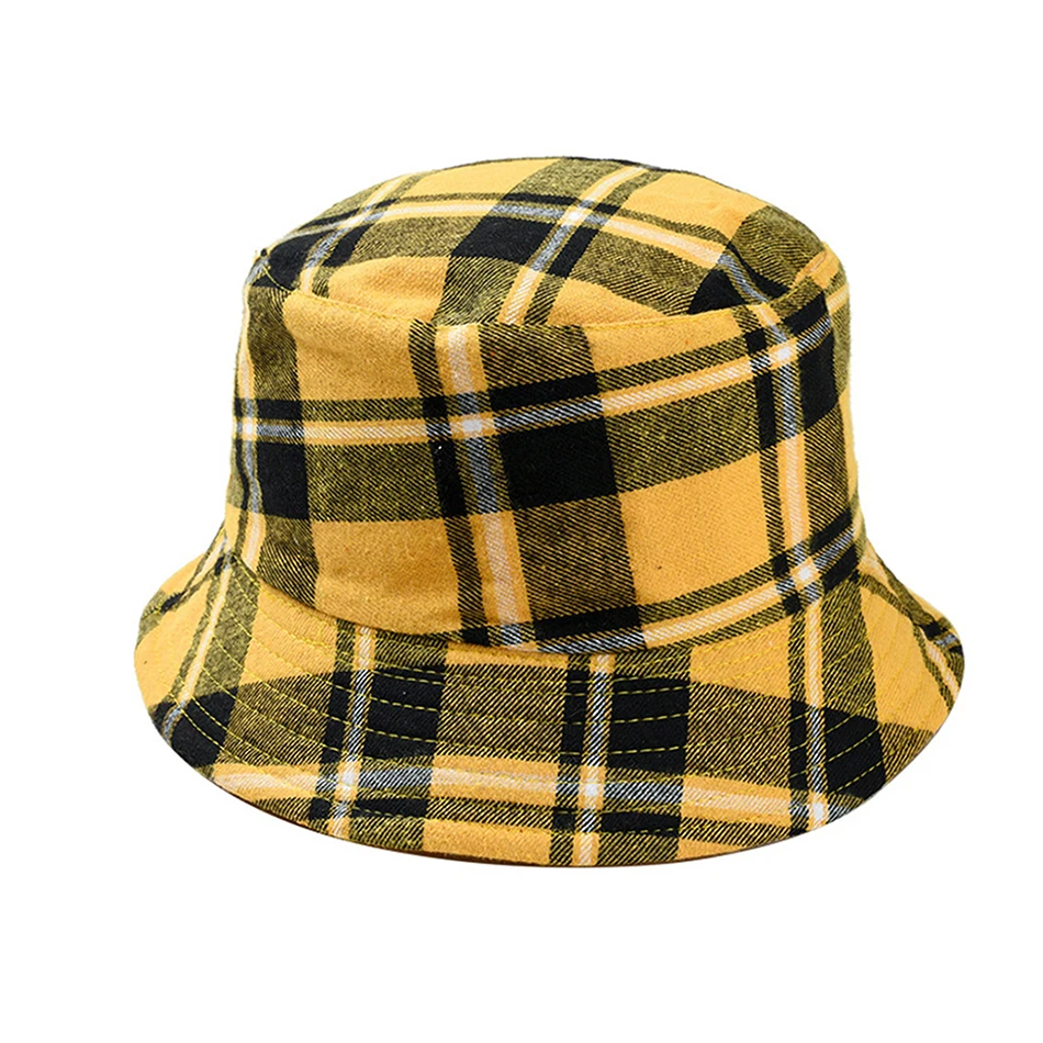 Yellow BUTTERMERE Reversible Bucket Hat Women Yellow Plaid Folding Fishing Hat Men Cotton Casual Female Colored Spring Male Bob Hats - Цвет: Yellow