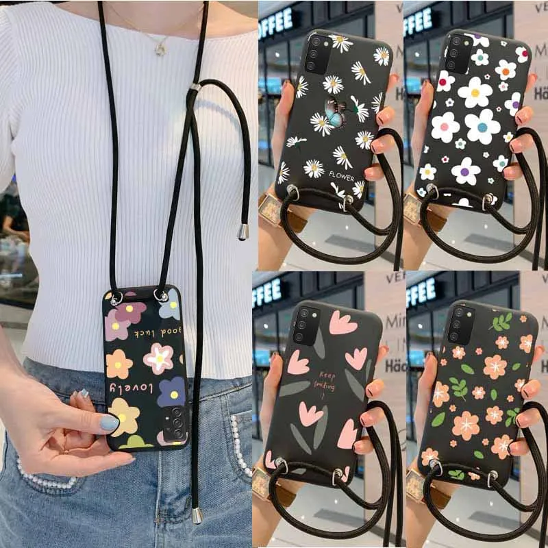 Crossbody Necklace Chain Phone Case For Xiaomi Mi 10T Pro 10 Lite 10S 10Pro Note 10 Lanyard Silicone Neck Strap Flower Cover Bag