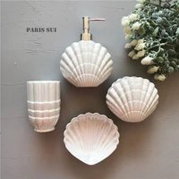 bathroom ceramic pearlescent shell shaped 5 piece set of mouthwash cup toothbrush holder soap box lotion bottle kit supplies