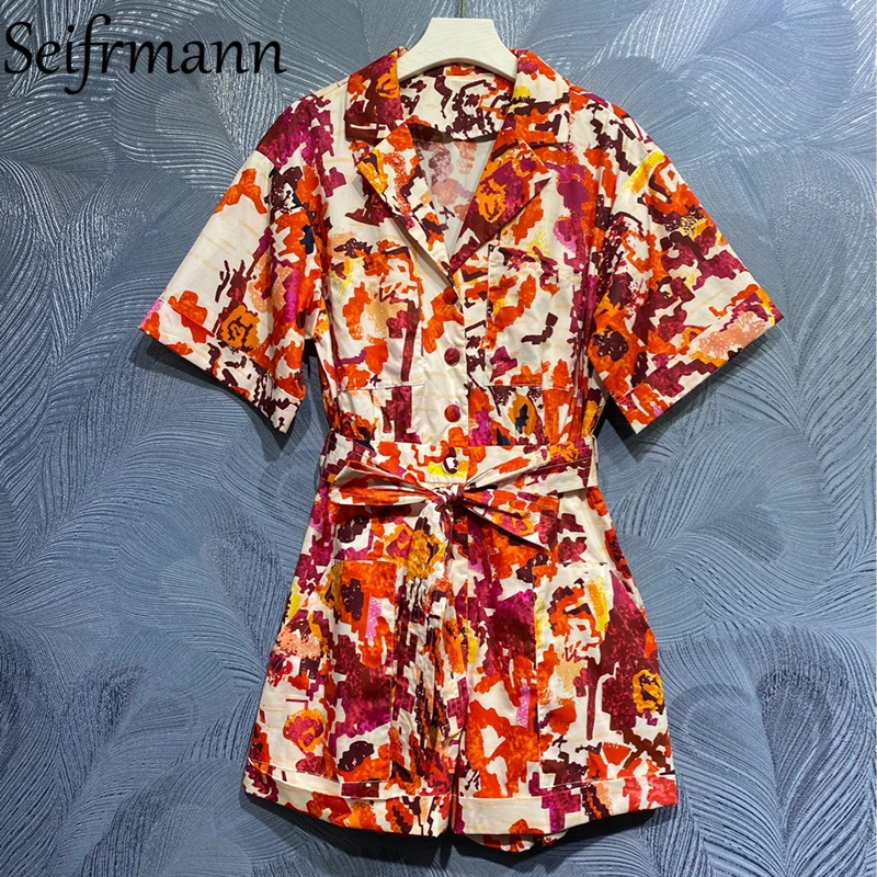 Seifrmann New 2021 Summer Women Fashion Runway Cotton Bodysuit Short Sleeve Bow Sashes Vintage Print Jumpsuit Elegant Playsuits