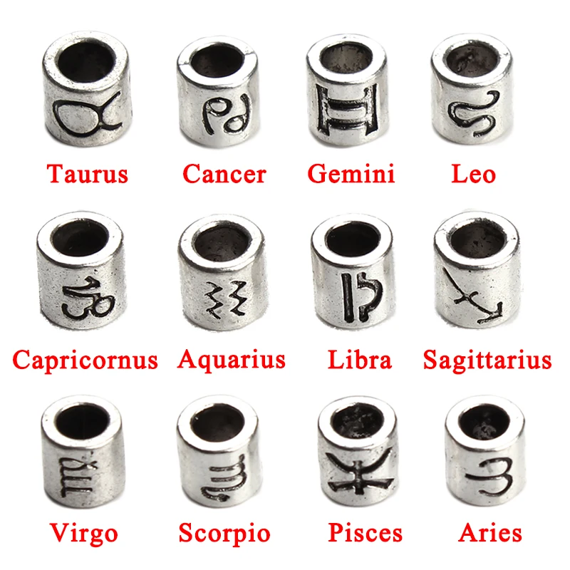 

60pcs/lot Antique Silver Zodiac Round Charm Beads 4mm Big Hole Spacer Beads Fit DIY Bracelet Beads Jewelry Constellation Symbol