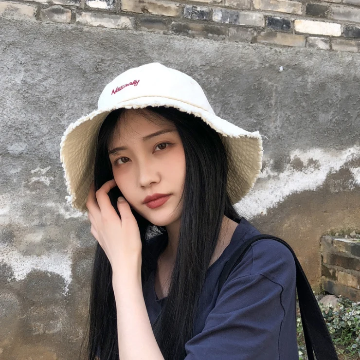 

Amei Kaji Feng Shui Washed Cotton Raw Edge Fisherman Hat Trendy Men and Women Lovers Letter Big Eaves Hat Summer Sun Hat