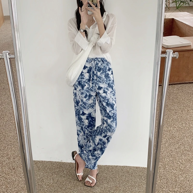 

HziriP Vintage Ink Printing Straight Wide Leg Pants Women 2020 New Autumn OL Wear Trousers Loose Casual Elastic Waist Suit Pants