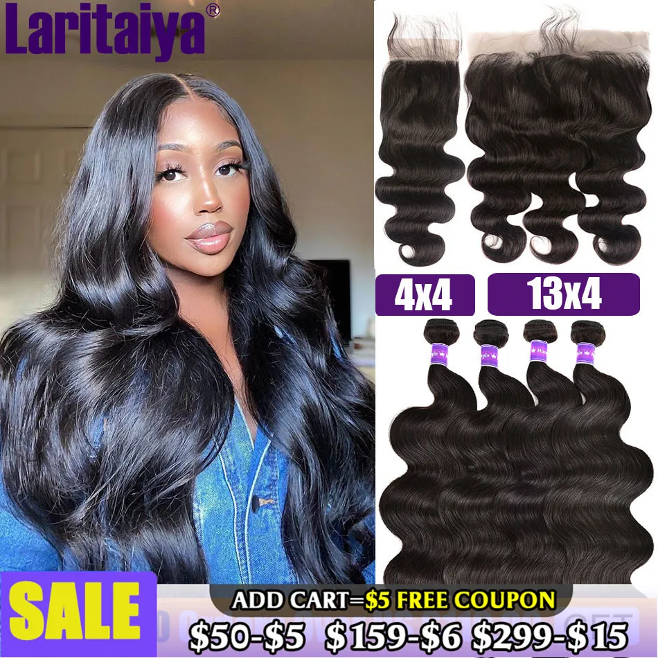 30 Inch Brazilian Body Wave Bundles With Frontal 100% Human Hair 3/4 Bundles With Closure HD Transparent Lace Front With Bundles