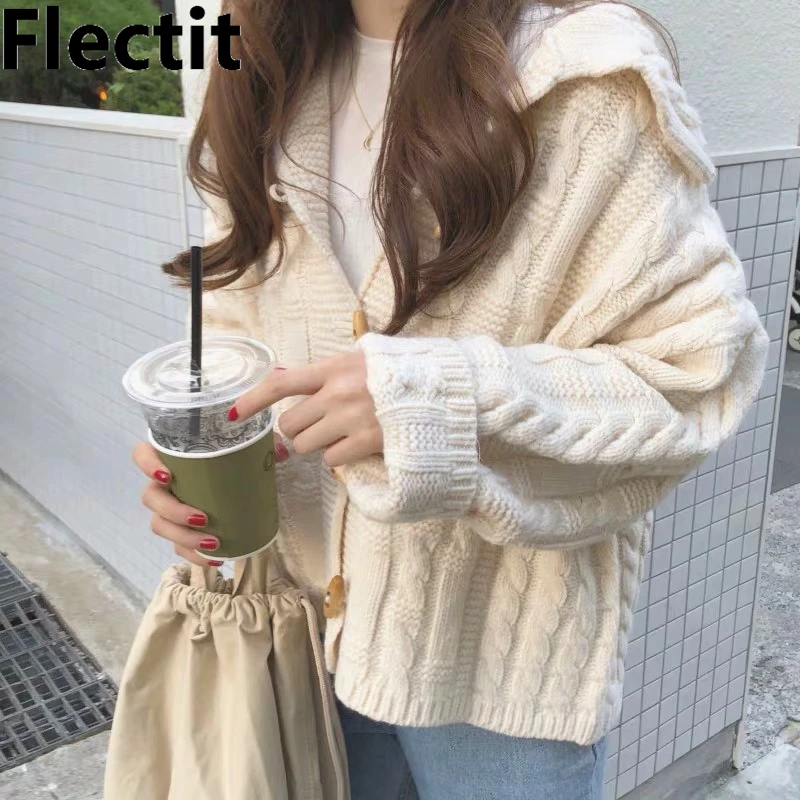 Женский кардиган с капюшоном на пуговицах Flectit толстый теплый вязаный свитер