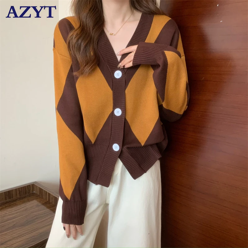 

AZYT весенний вязаный кардиган с V-образным вырезом Женская куртка винтажный кардиган с узором ромбиками женские топы 2022 свободный женский св...