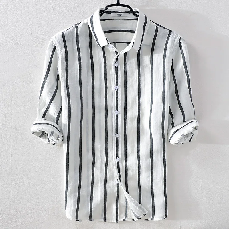 

2021 brand summer linen men shirt casual fashion white stripes shirts men flax turn-down collar comfortable shirt male chemise