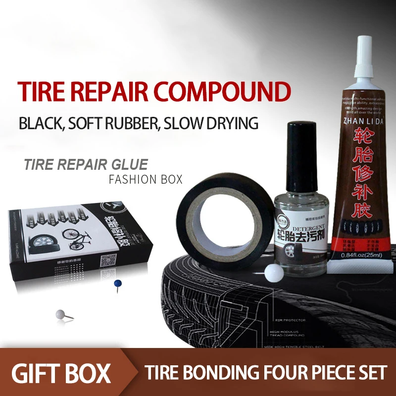 

4 PCS Set Black Tire Super Glue 25ml Super Tire Repair Glue 18ml Tire Detergent 24Hours Drying Soft Glue Car Rubber Tire Caulk