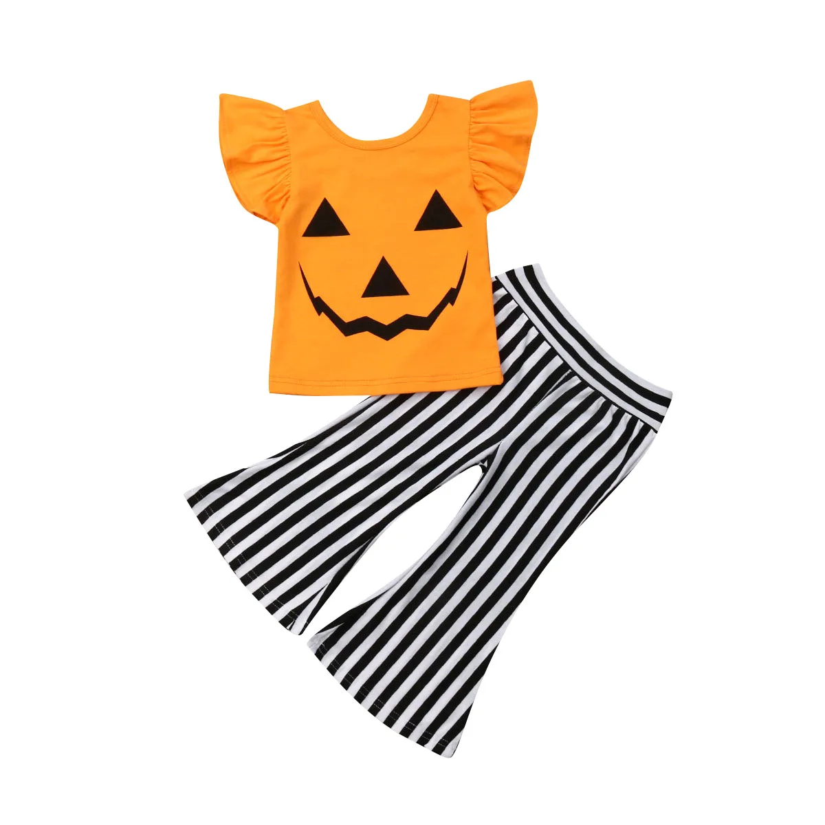 

Infant Baby Girls 1T-6T Pumpkin Ruffled Short Sleeve T-Shirt Tops+Trousers Stripe Pants Flares Outfits Clothes Set