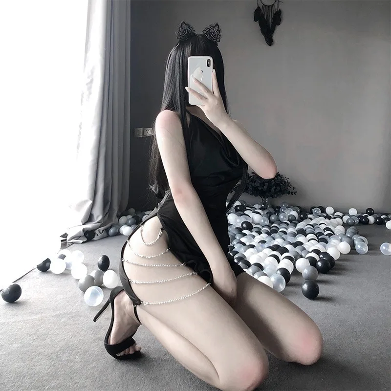 

Соблазнительная ночная рубашка на бретелях, черное платье горничной, соблазнительный женский эротический костюм для косплея, одежда для фа...