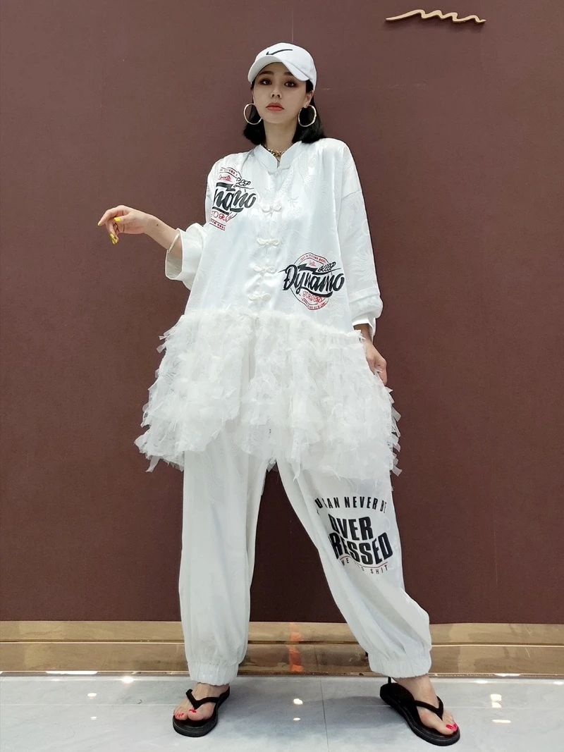

2020 autumn new trendy brand fashion suit female Korean retro lace top+Harlan casual pants suit plus size retro two-piece female