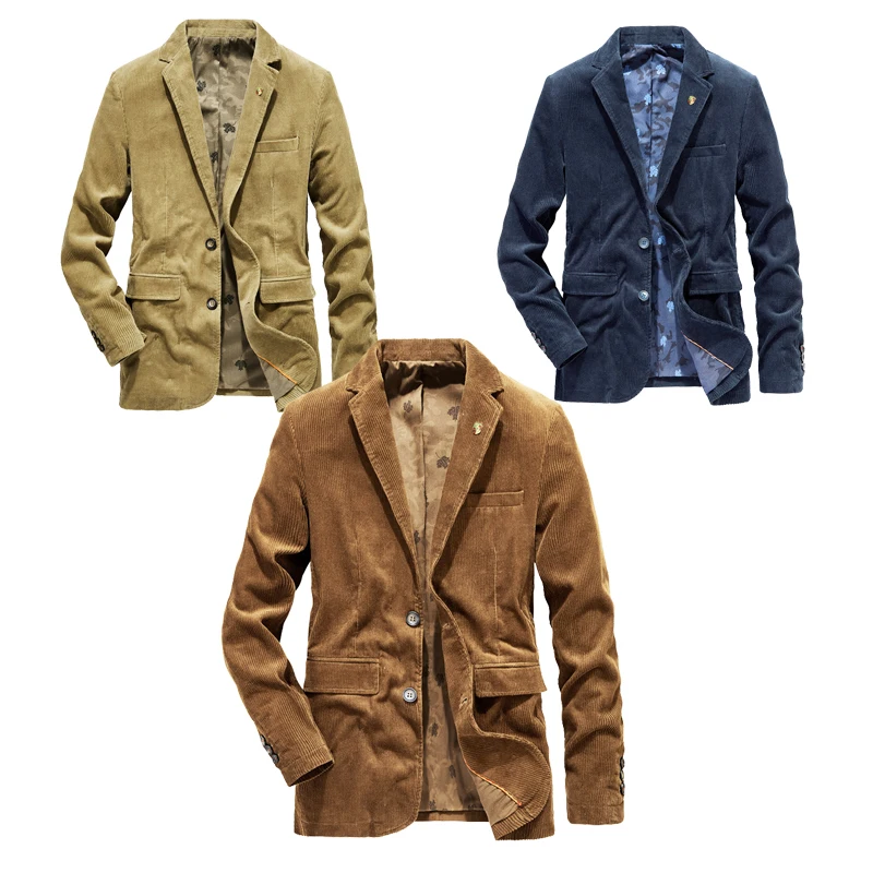 

2021 Fashion Autumn Winter Blazer Men Cotton Corduroy Suit Jacket High Quality Stylish V-Neck Full Sleeve Casual Suit Jacket Men