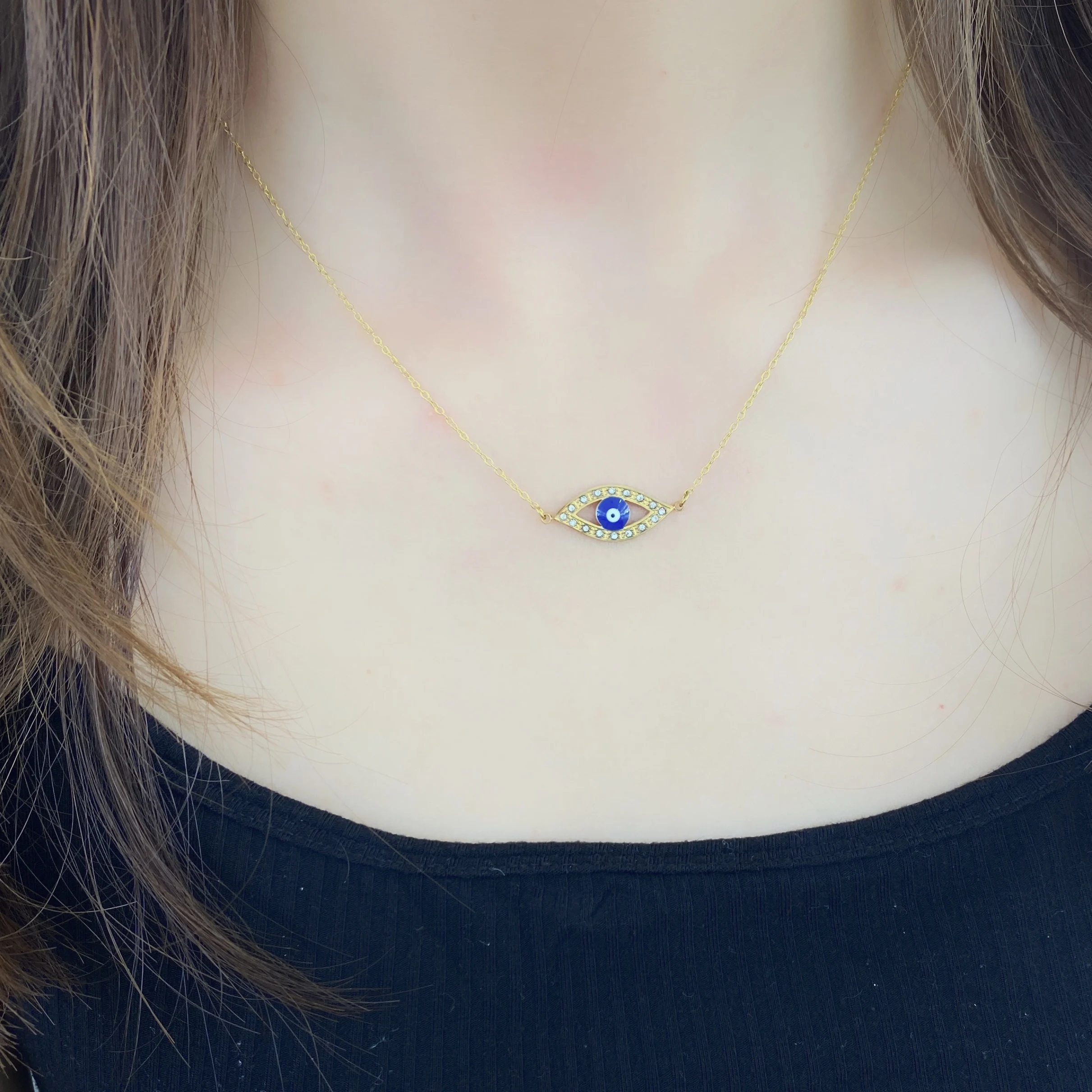 

Genuine Stainless Steel Womans Charm Necklaces Paved Full Shiny CZ With Lucky Tiny Evil Eye Pendant For Cute Girl Fine Jewelry.