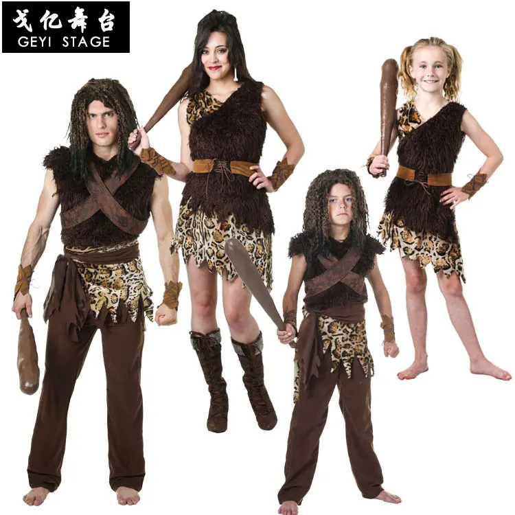 

Halloween Kids Leopard Savage Caveman Croods Flintstones Primitive Sexy Women Indian Clothing Carnival Costumes for Men Fancy