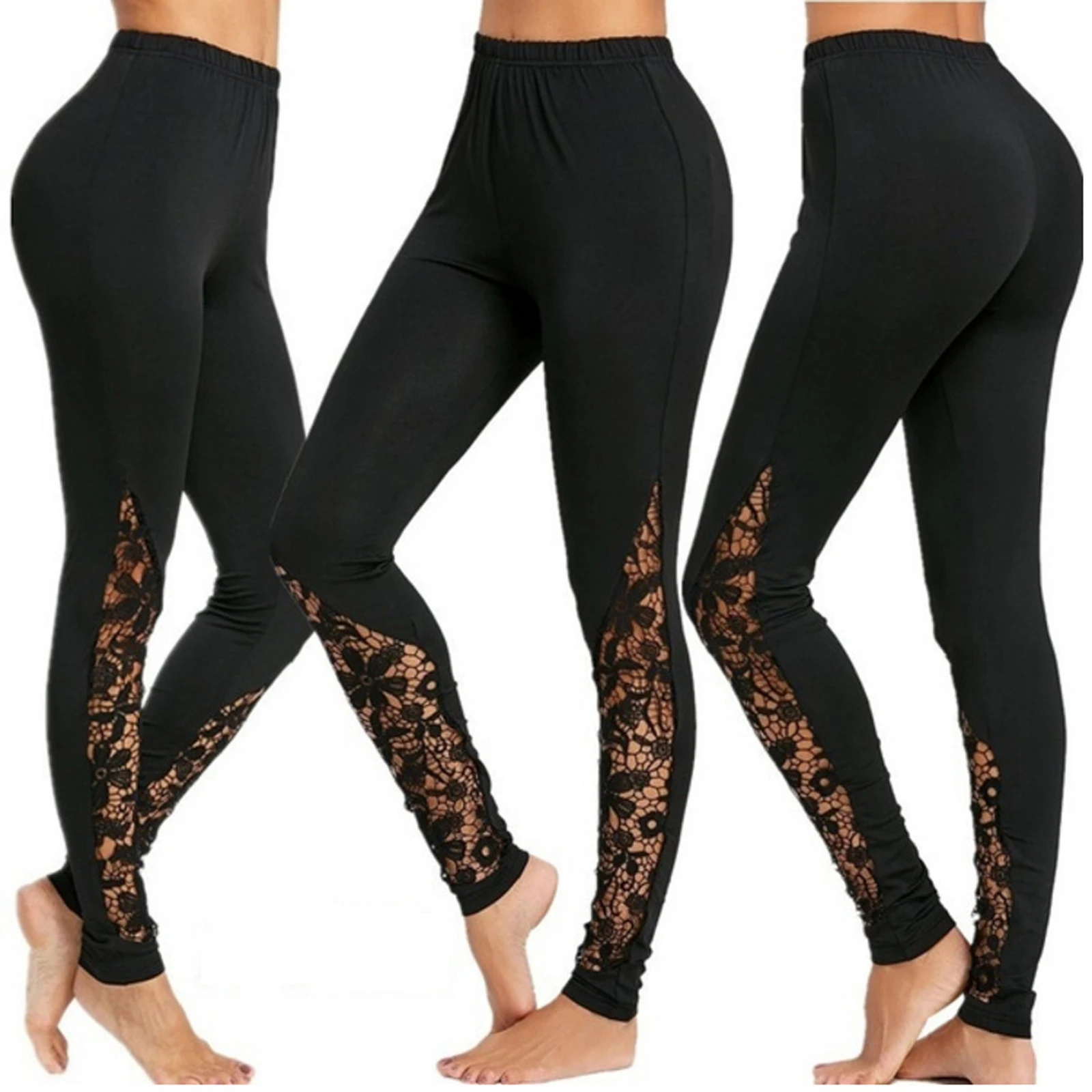 

Plus Size Women Elastic High Waist Leggings Black Solid Color Hollow Out Lace Hem Slim Sport Yoga Trousers 2021 New