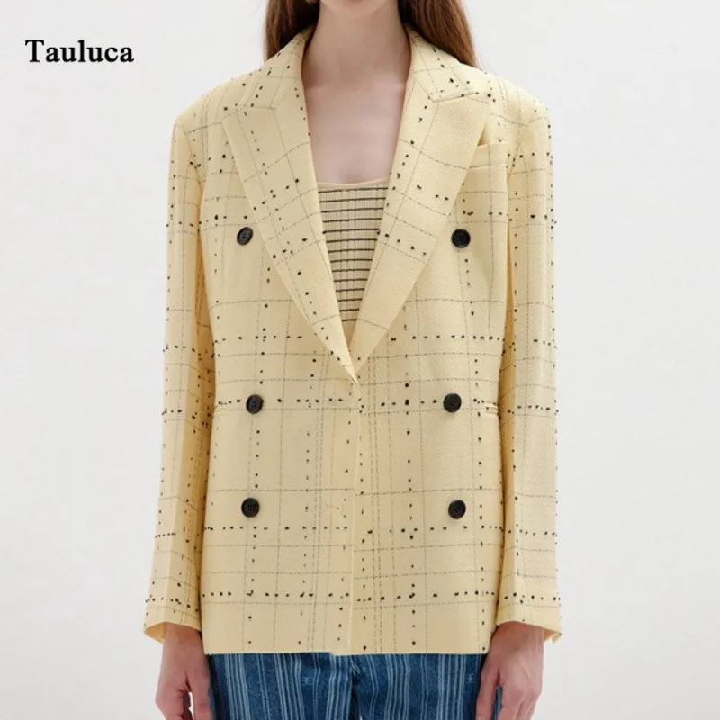 New Korean Women Double Row Button Lapel Plaid Tops And Pant Suit Office Yellow Blazer Trousers 2021 Early Autumn Female Wearing