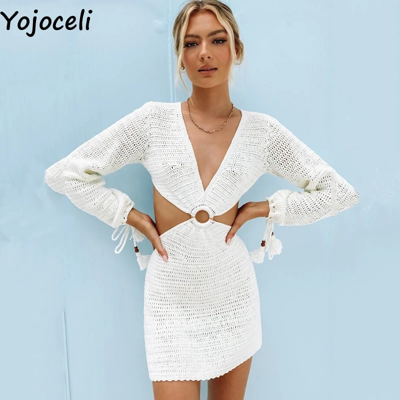 

Сексуальное короткое платье Yojoceli с v-образным вырезом и открытой спиной, летнее вязаное хлопковое женское платье emprie, пляжные Вечерние Повс...
