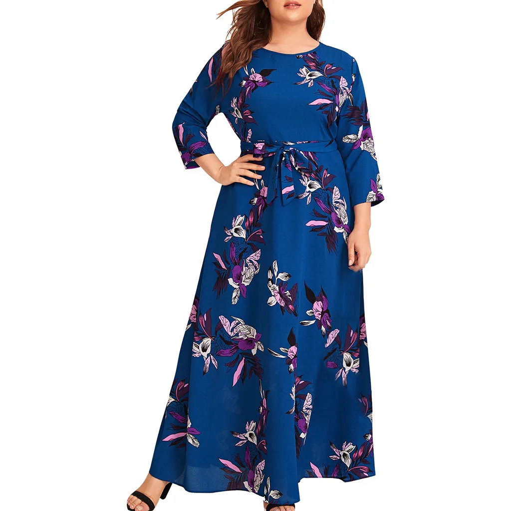 BU MISSOMO Plus Size 5XL dress Women maxi dress Casual Floral Print O-Neck Long Sleeve Bandage long Dress with belt vestidos 813 - Цвет: BU
