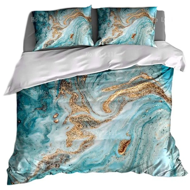 

Красочный дизайн с мраморным узором пододеяльник с золотым бирюзовым узором удобный для кожи Комплект постельного белья с наволочками