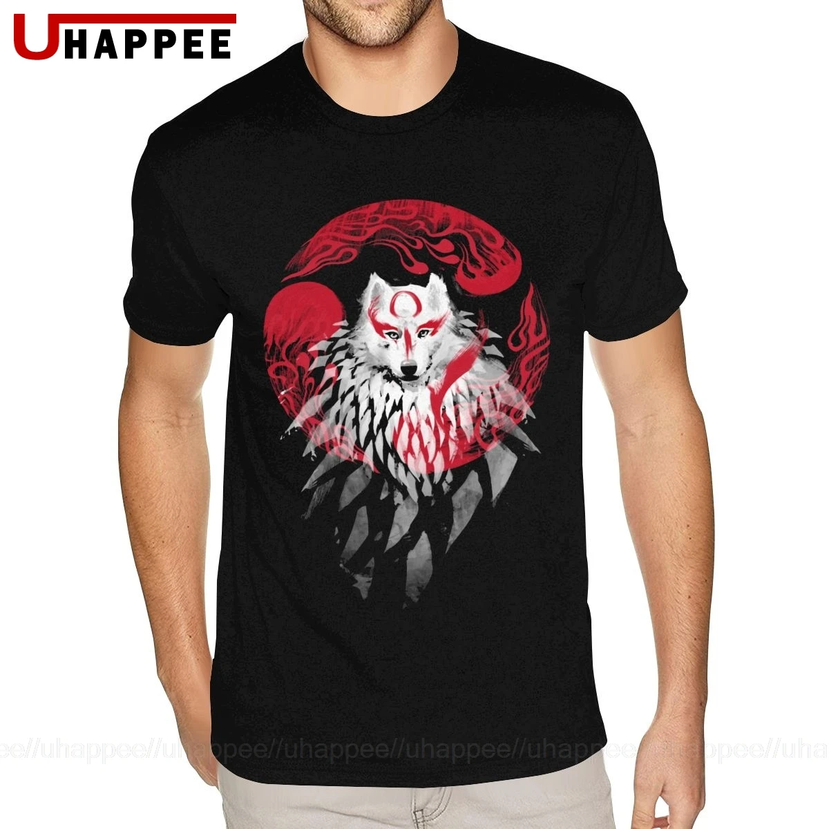 Винтажная футболка с рисунком Okami Wolf мужская желтая коротким рукавом и круглым