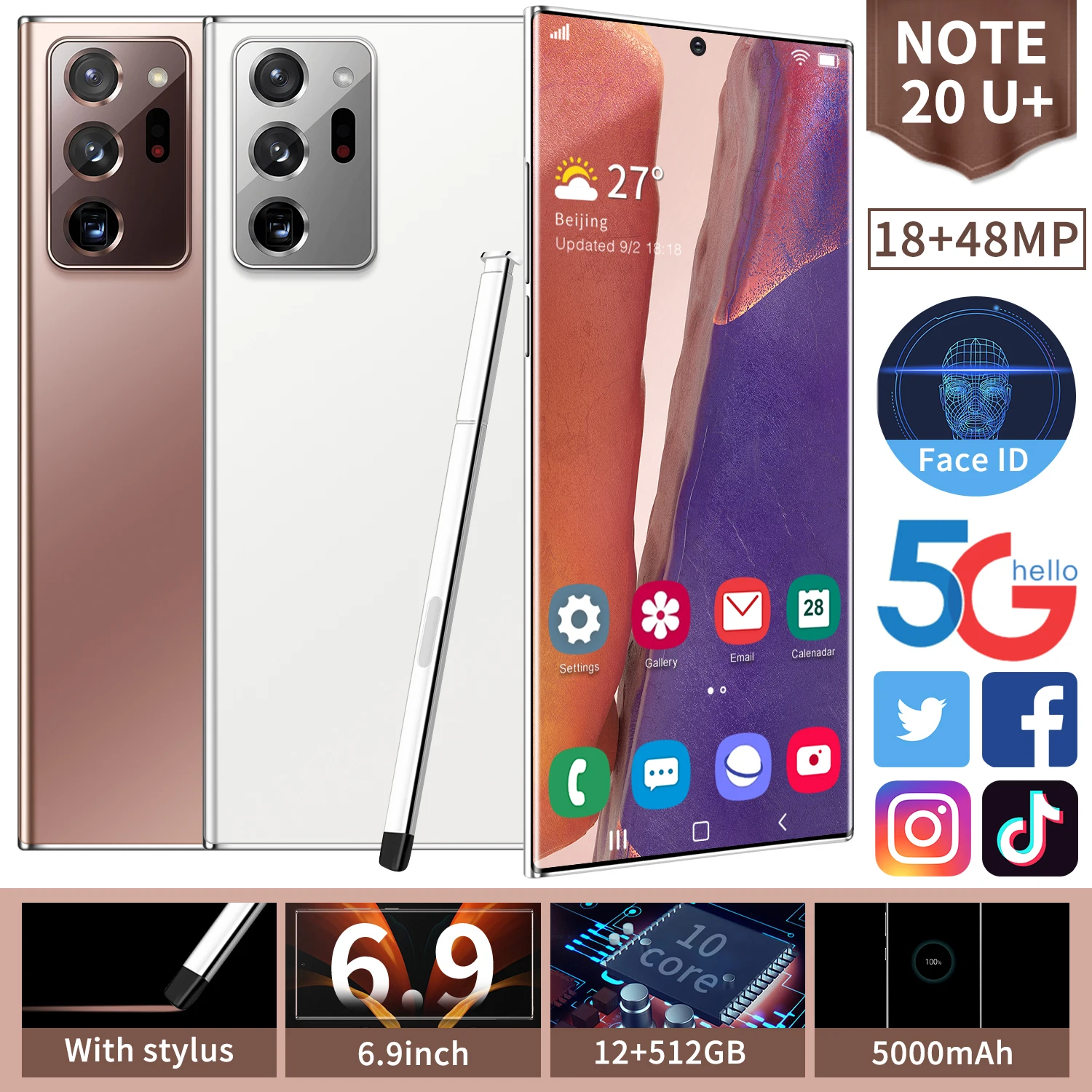 

SAILF Note20u Android 10.0 Mobile Phone 6.5' FHD+ 24MP Triple Camera 12G RAM 512GB ROM Smartphone 4G gsm Global