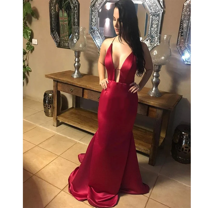 

2020 Sexy Mermaid Evening Dresses Deep V Neck Criss Cross Straps Backless Sweep Train Simple Long Formal Prom Party Gowns