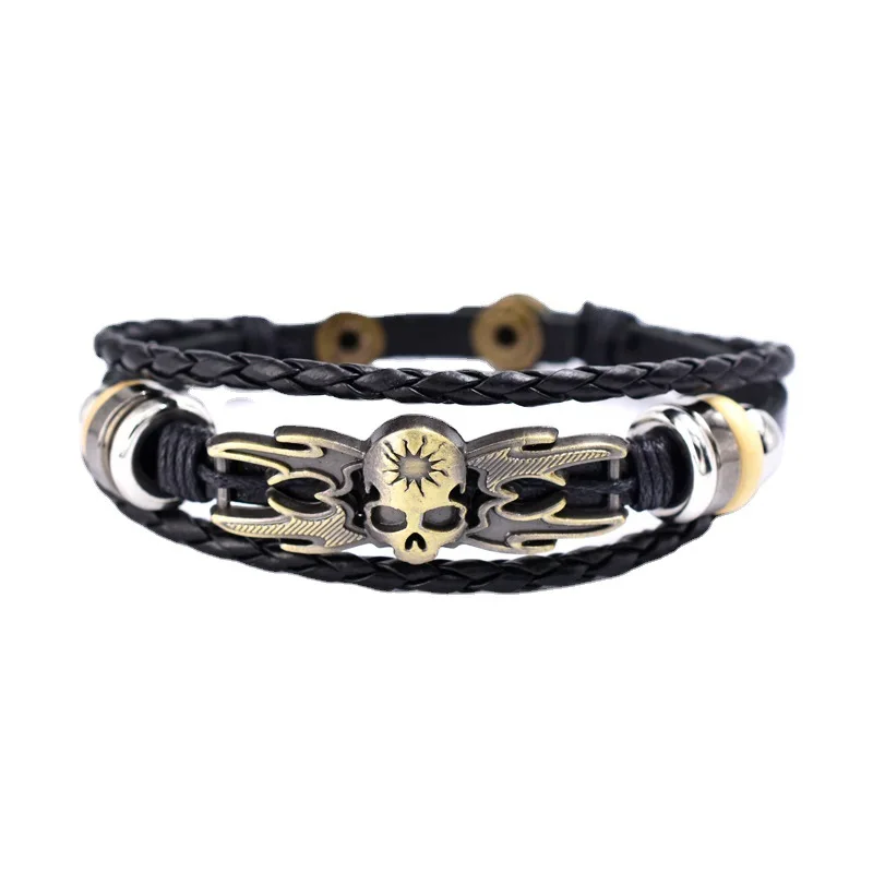 

Punk Style Skull Men's Leather Bracelet Wooden Bead Snap Button Leather Bracelet men leather bracelet wholesale