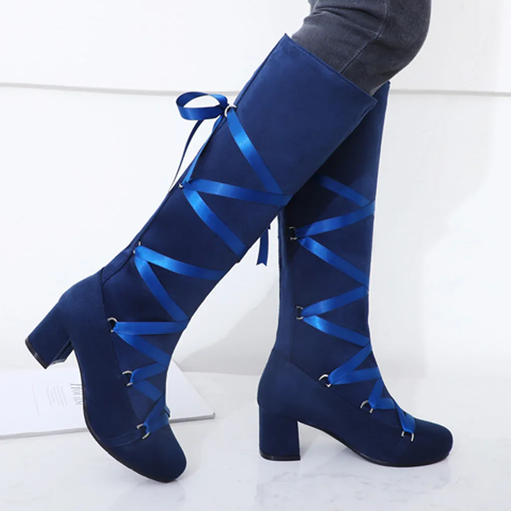 Женские рыцарские сапоги с перекрестными ремешками обувь на высоком каблуке