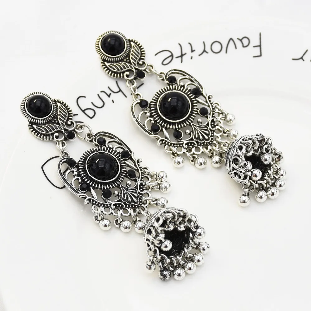 Большие винтажные серебряные серьги jhumka для женщин Boho синие Черные Каменные колокольчики кисточкой Висячие серьги Афган индийские массивные ювелирные изделия