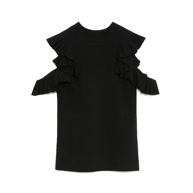 

Elegant Solid Ruffles Pleated Shoulder Strapless Sweaters 2021 New Japan Style Knit Pullovers Summer All-math Women Tops